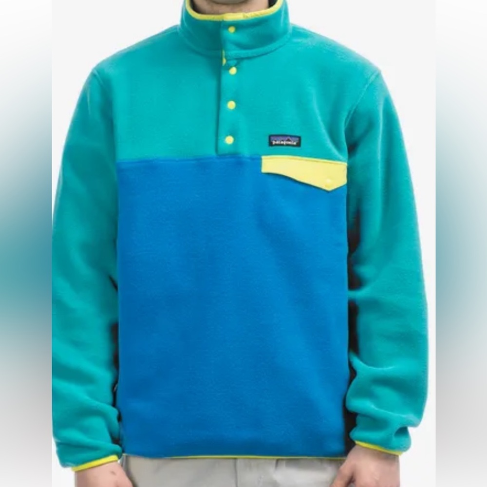 Patagonia Teal & Blue Snap-T Fleece with Yellow Pocket Accent